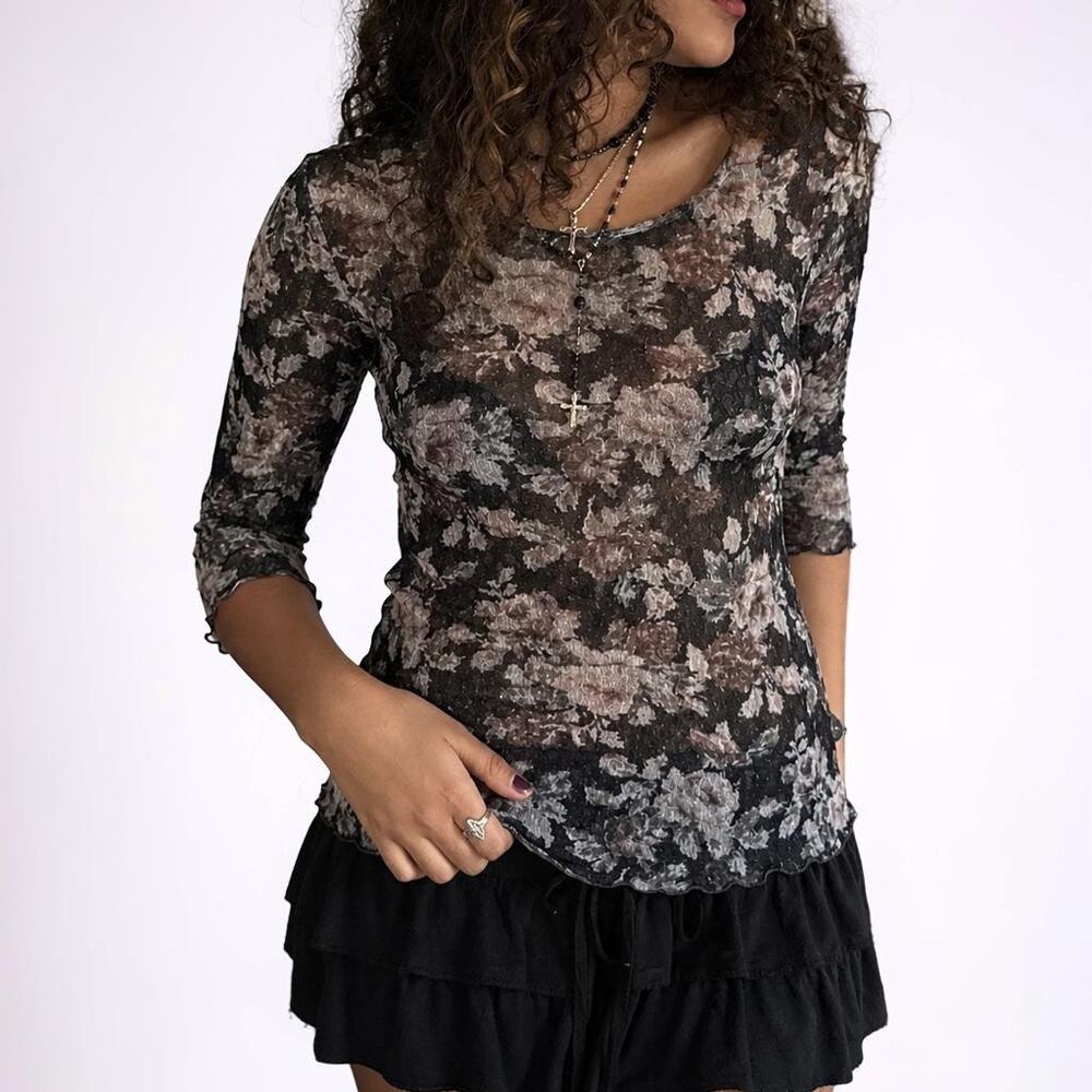 Y2K BKE Sheer Floral Lace Top Medium Grunge Lace 3/4 Sleeve